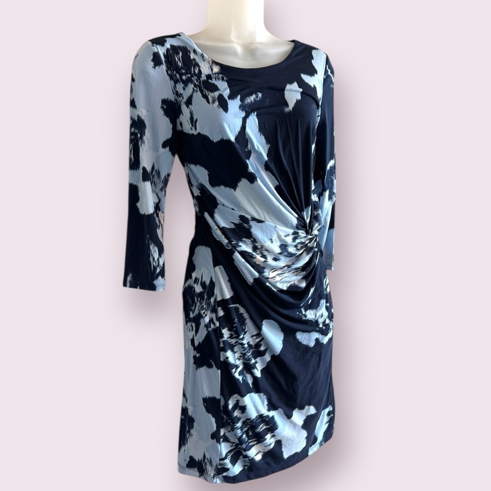 INC International Concepts Blue Ruched Abstract Dress 3/4 Sleeve S - Picture 5 of 9